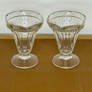 Vintage Ribbed Glass Sundae Cups Set of 2 Clear Ice Cream Dessert Bowls